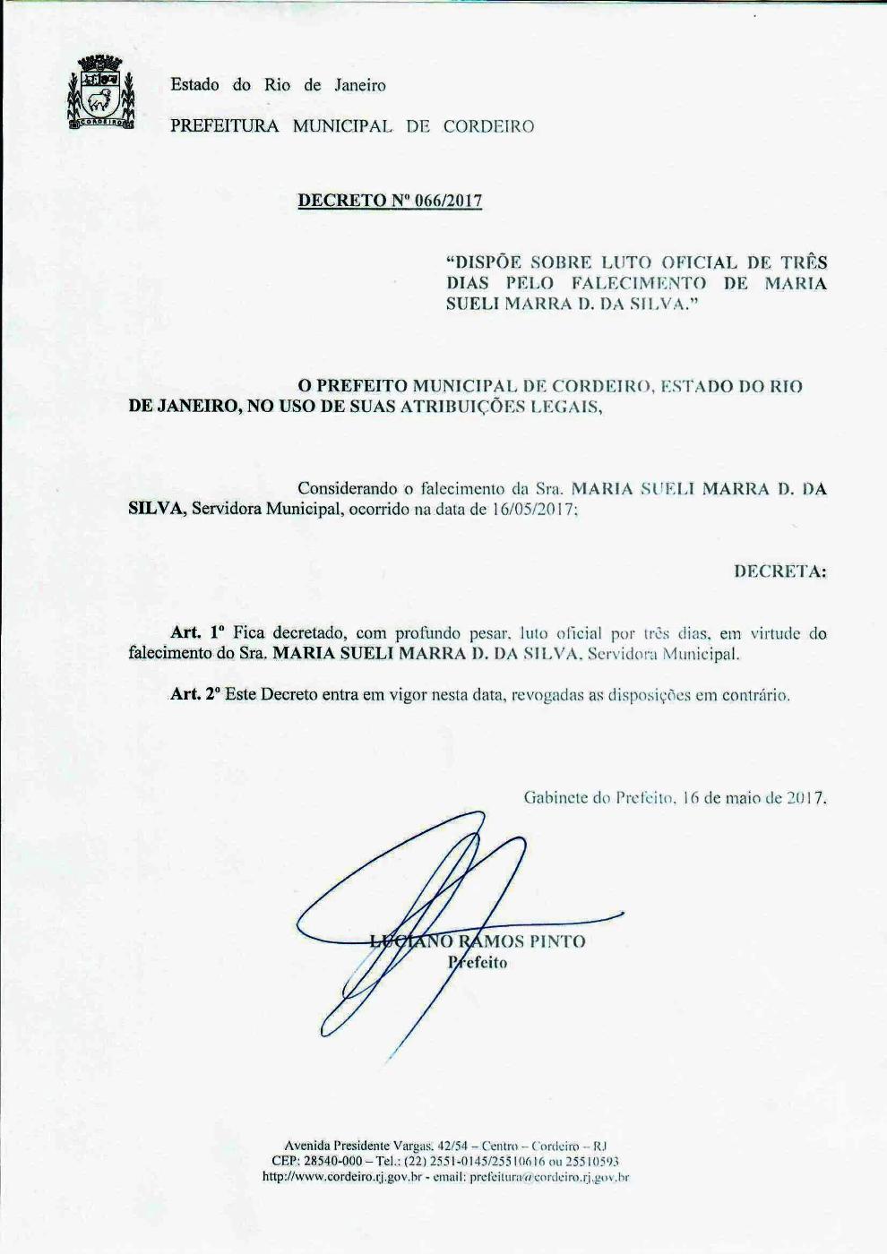 Decreto Municipal Luto Oficial Prefeitura Municipal De Cordeiro